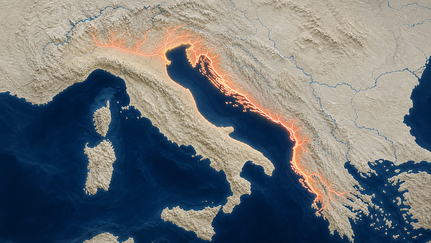Natural distribution of Acipenser naccarii in Europe: Adriatic Sea and its tributaries between Po (Italy) and Buna (Albania) drainages. Recorded from Corfu; present in lowermost part of Adriatic rivers from Soca to Drin. Records from Tyrrhenian slope of Italy, Spain and France are erroneous.
